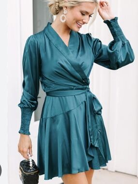 Teal Satin Faux Wrap Dress with Smocked Cuffs